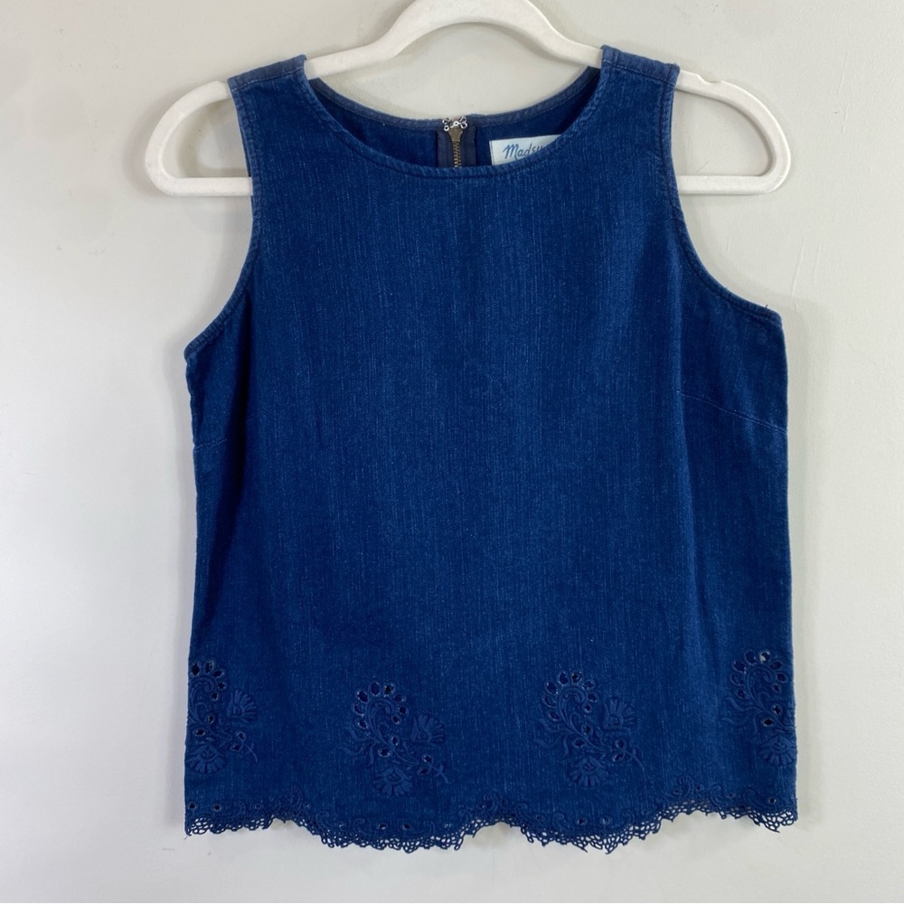 Madewell Indigo Sleeveless Top with Lace Hem - Picture 3 of 11